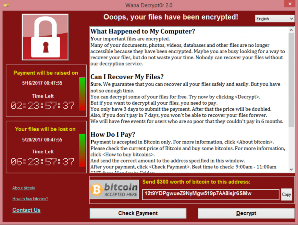 WannaCry Decryption Screen