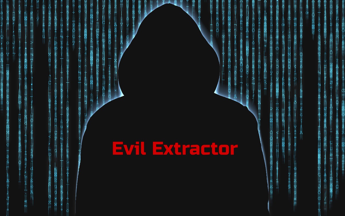 Cloaked figure with digital background and text saying EvilExtractor