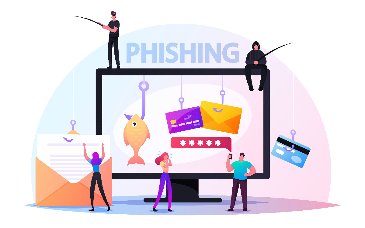 Hackers sitting on a computer with fishing poles to represent spear phishing.