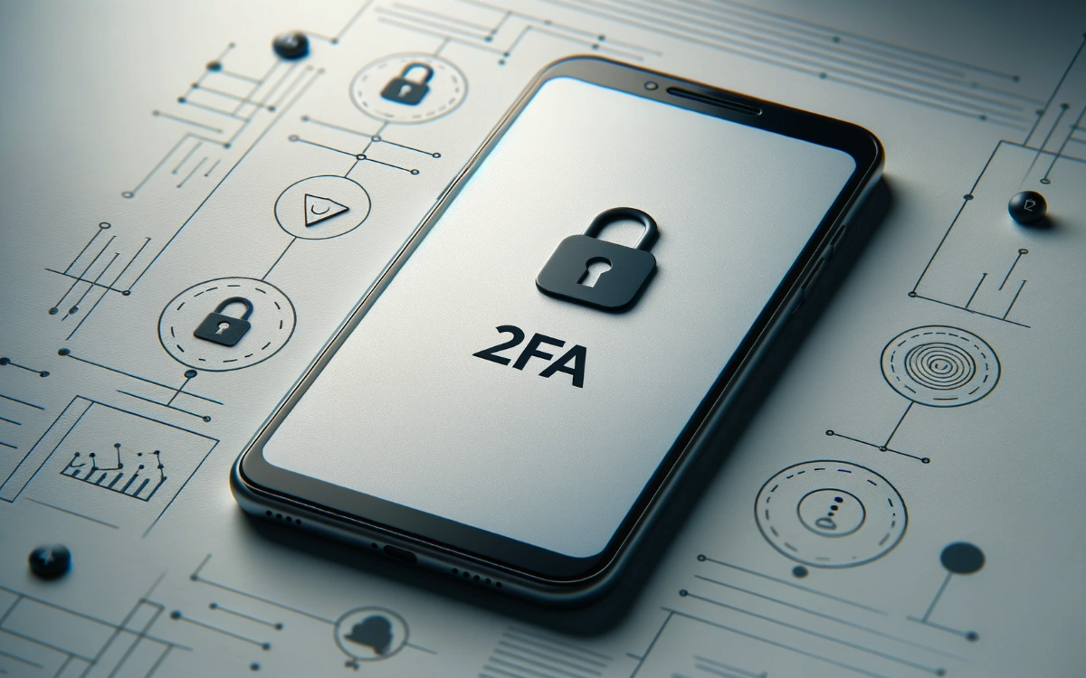A smartphone that says 2FA on a table with IT security diagrams.