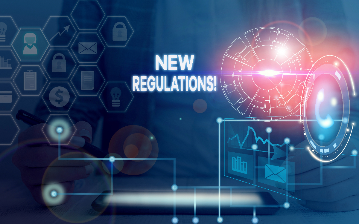 Technology background with words "New Regulations!" to imply cybersecurity rule.