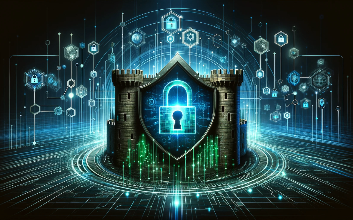 A digital castle with symbol implying cybersecurity trends.