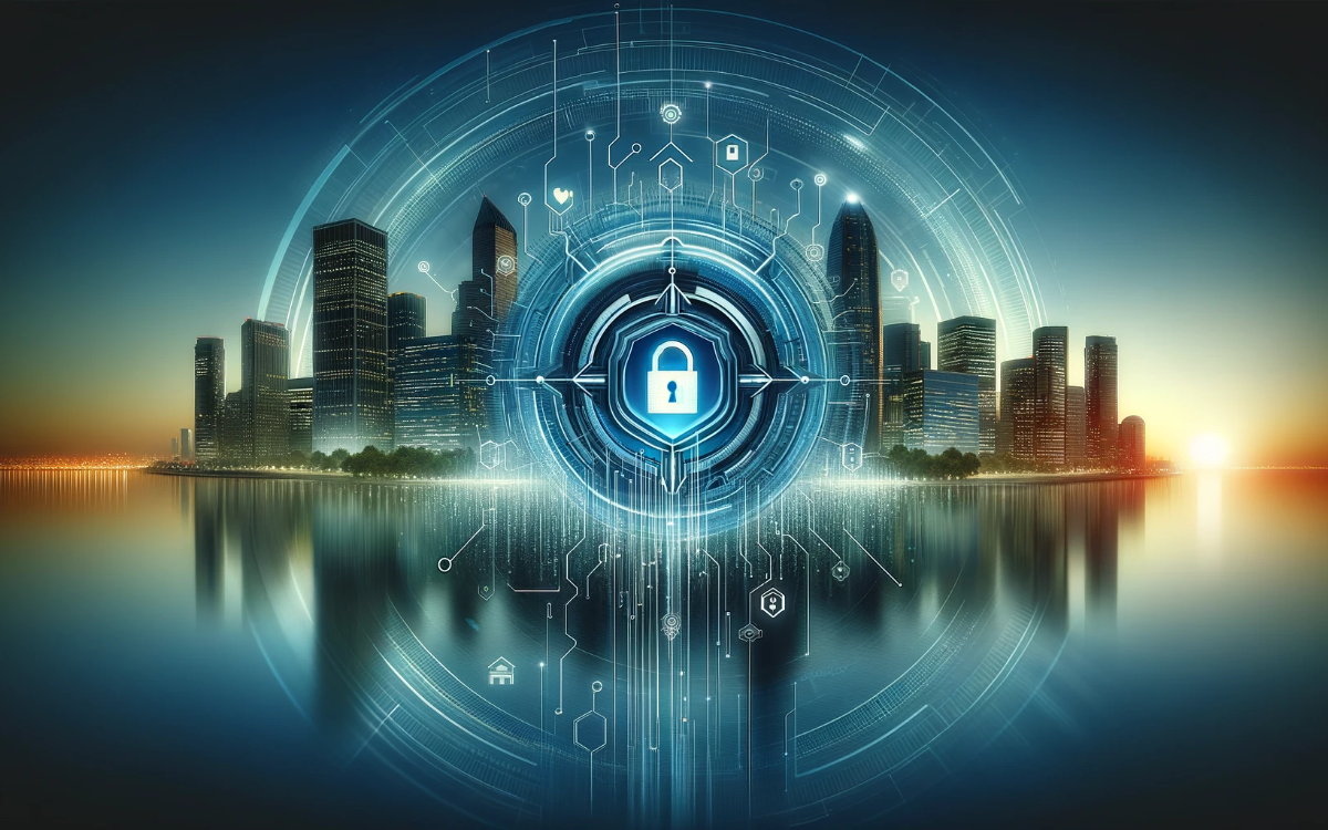 A city with a digital shield in front representing cyber insurance.