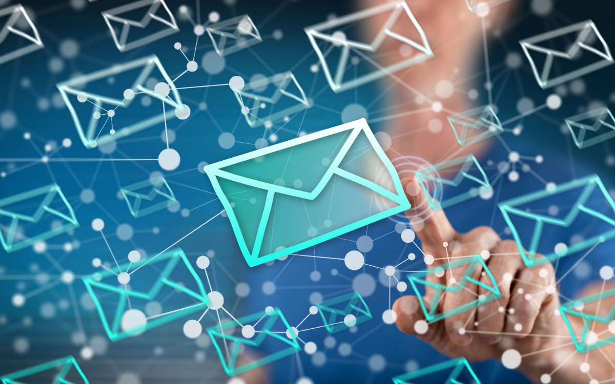 Dozens of digital email symbols represent how domain hijacking is used in email spam.